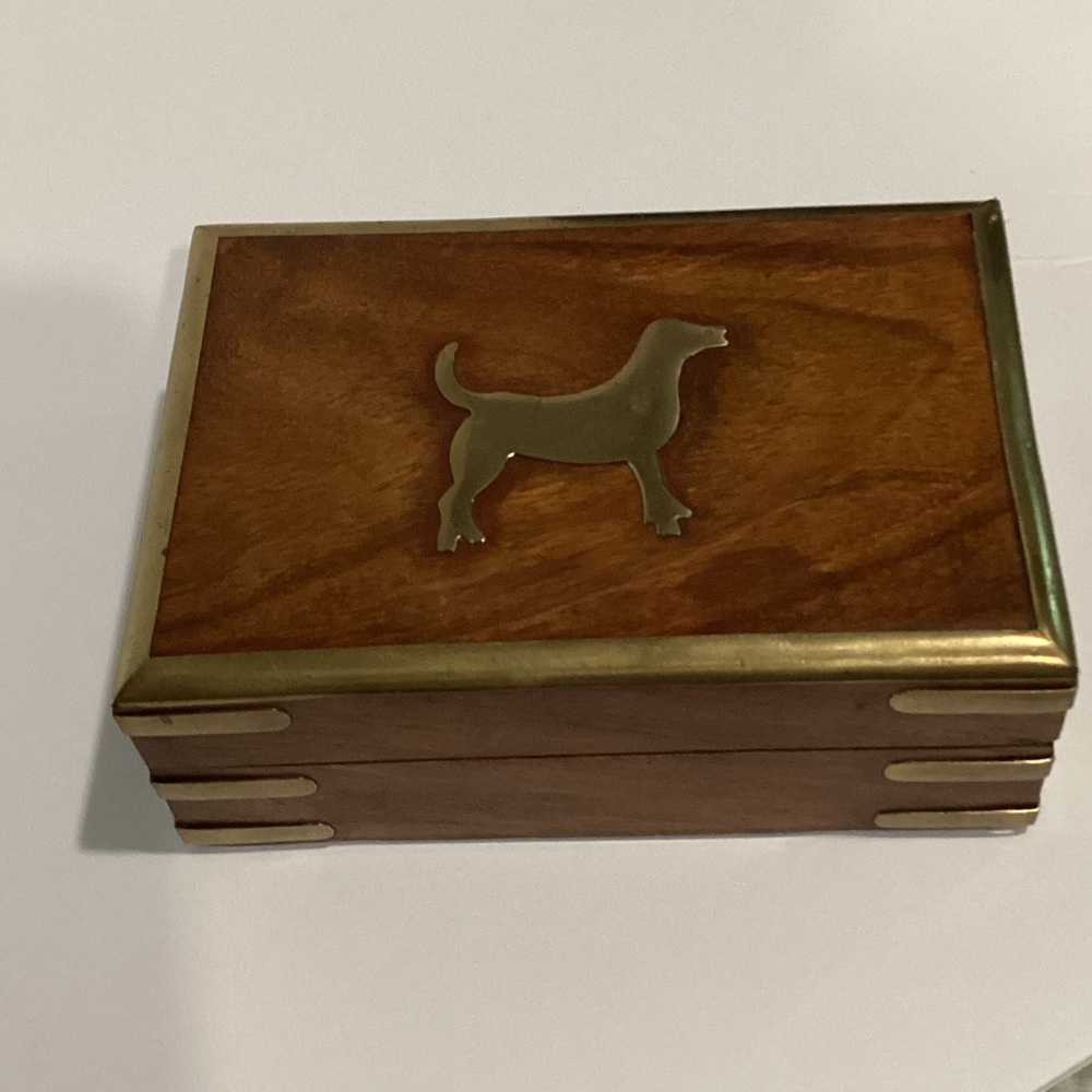 Vintage Foreside Wooden Trinket Box With Brass Dog Inlay and Accents